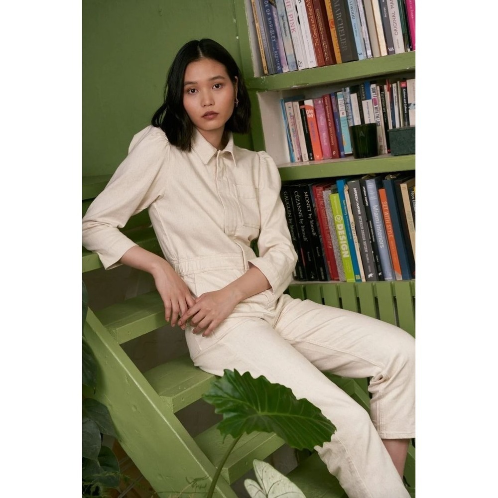 NEW Seventy + Mochi Womens 10 Ecru Hemp Lorna Jumpsuit 3/4 Sleeve